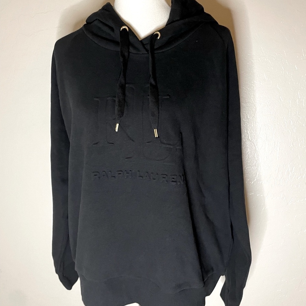 New! Lauren Ralph Lauren Embossed Logo Hooded Sweatshirt Black Sizes L & XL🖤 - Picture 3 of 16